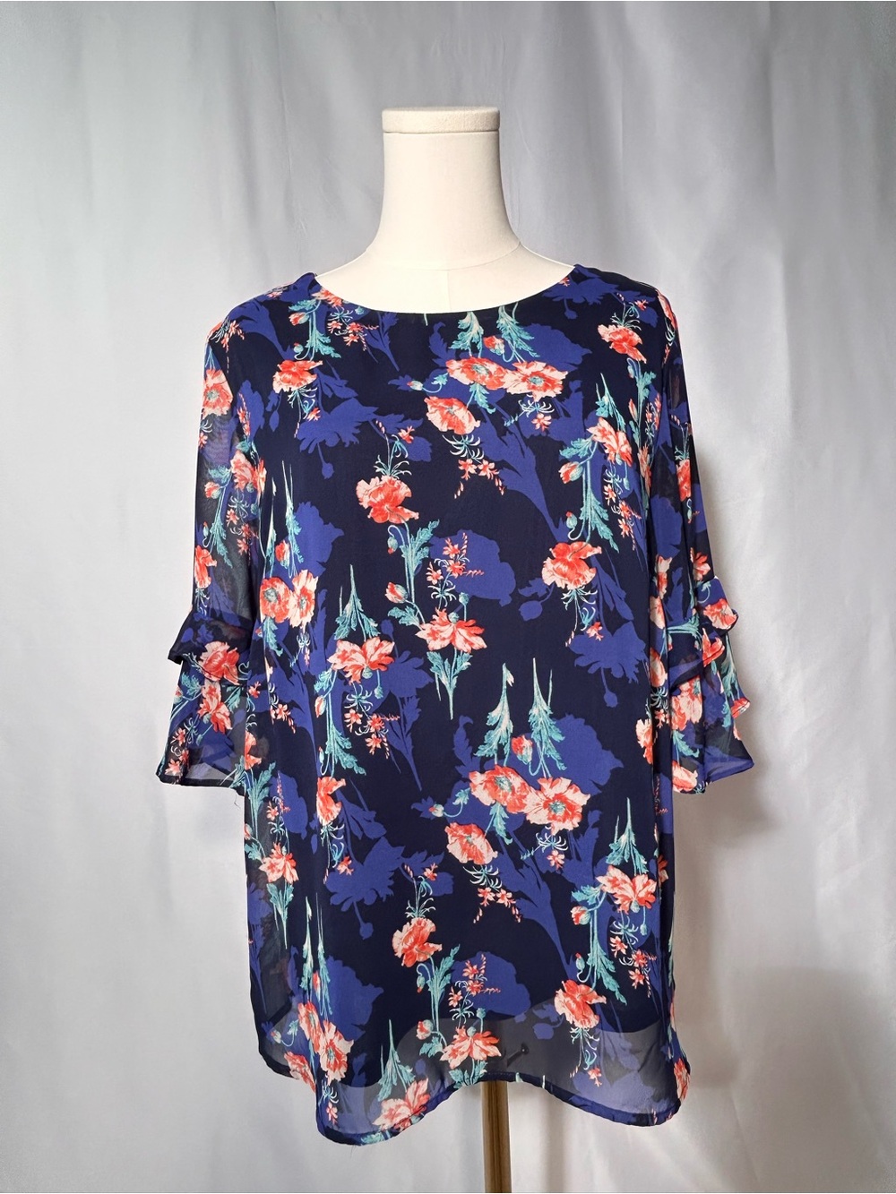 Feminine Navy Poppy Floral Ruffle-Sleeve Chiffon Tunic Cottagecore Romantic